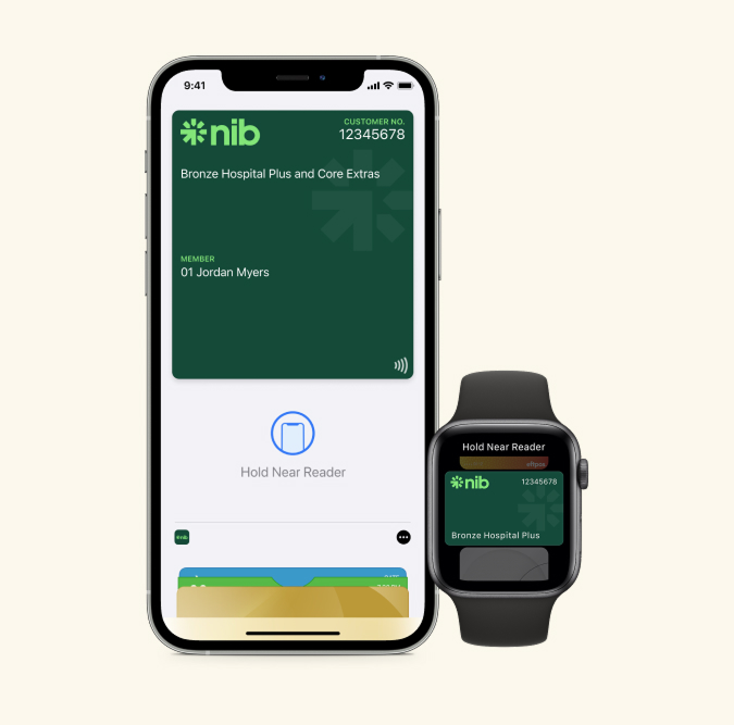 Screenshot of Apple nib digital card's Hold near reader screen on iPhone and Apple Watch