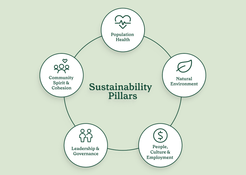 Infographic of nib's 5 sustainability pillars: Population health, Community spirit and cohesion, People, culture and employment, Natural environment, Leadership and governance