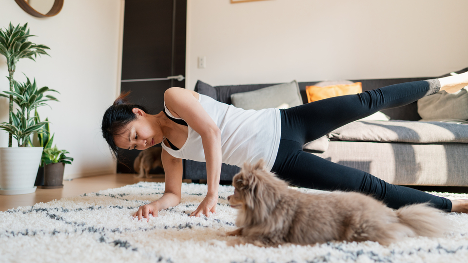 A young woman wearing black workout tights and a white shirt doing a side plank on her living room mat with her puppy watching.