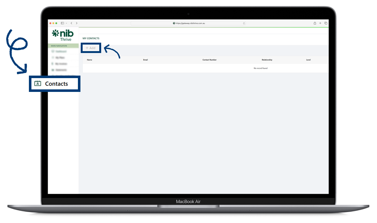 An image of a screen showing how to manage and add contacts in the nib Thrive Portal