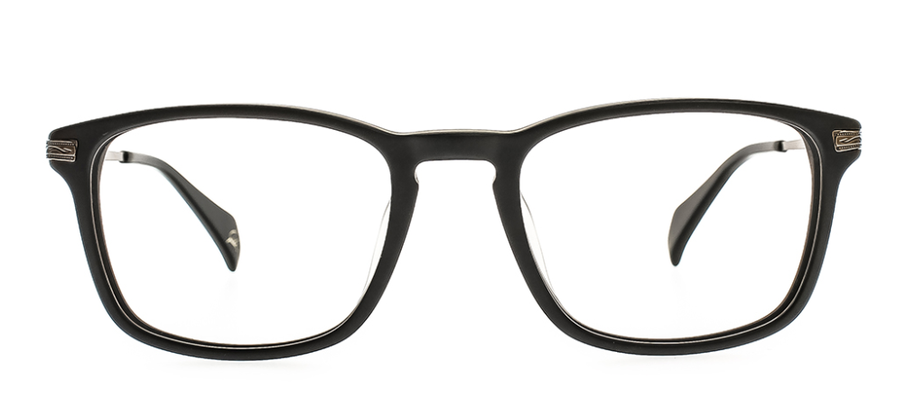 Close up of glasses with black frames and rounded edges.