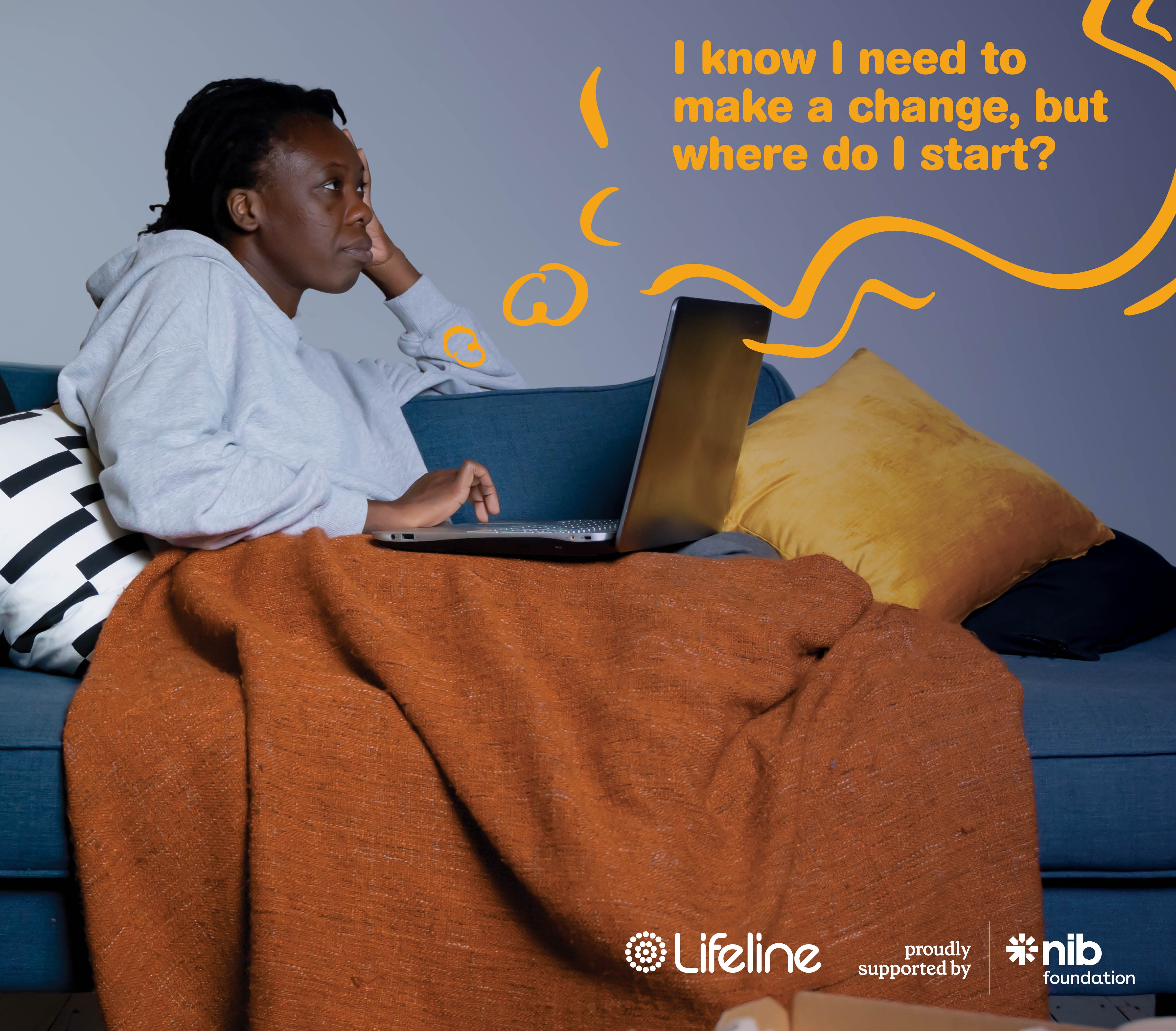 Woman on her laptop with thought bubble next to her. In it reads: I know I need to make a change, but where do I start? 