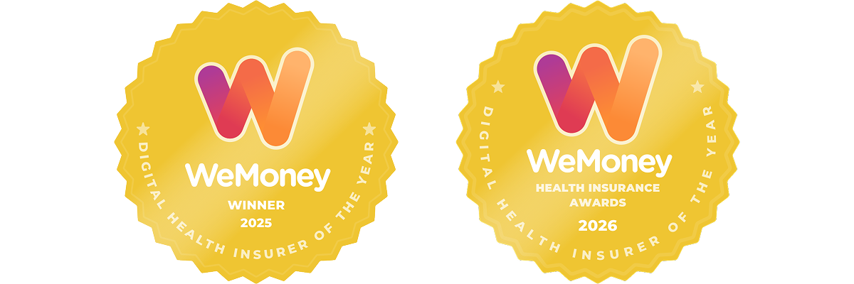 Two WeMoney Badges side by side. First badge reads: WeMoney Winner 2025 Digital Health Insurer of the Year. Second badge reads: WeMoney Health Insurance Awards 2026 Digital Health Insurer of the Year