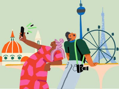 An illustration of a man and a woman in front of global icons