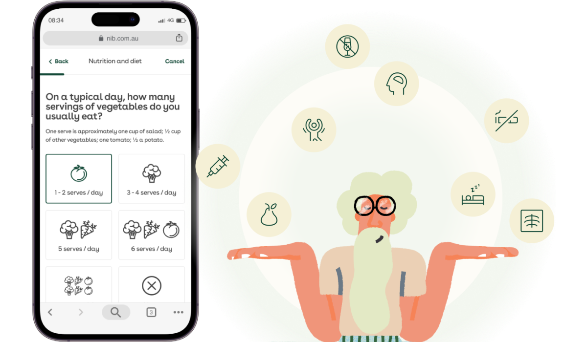 Illustration with mobile screen view of nib Healthcheck survey.  