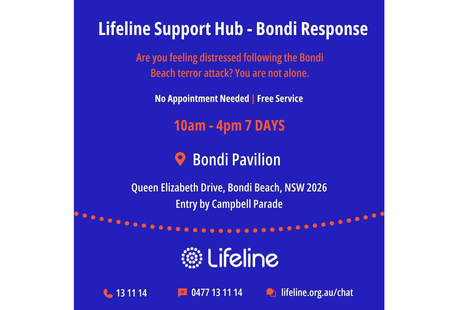 Lifeline social ad that reads: Lifeline Support Hub - Bondi Response. Are you feeling distressed following the Bondi Beach terror attack? You are not alone. 
