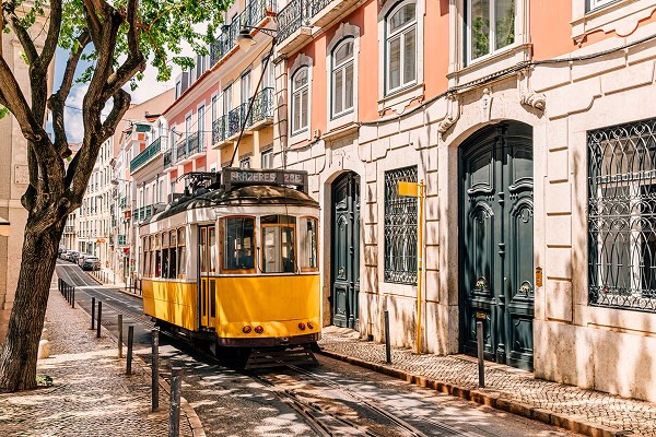 A tram running in a street in Portugal