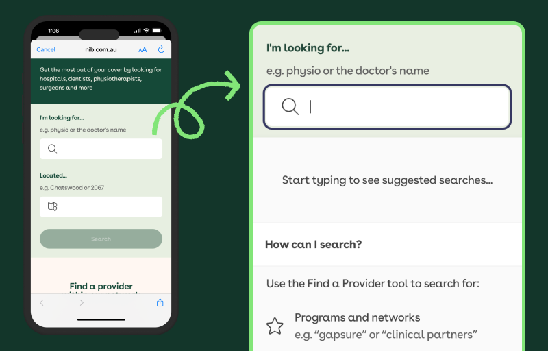 Screenshot of the "I'm looking for" field in the nib Find a provider on an iPhone