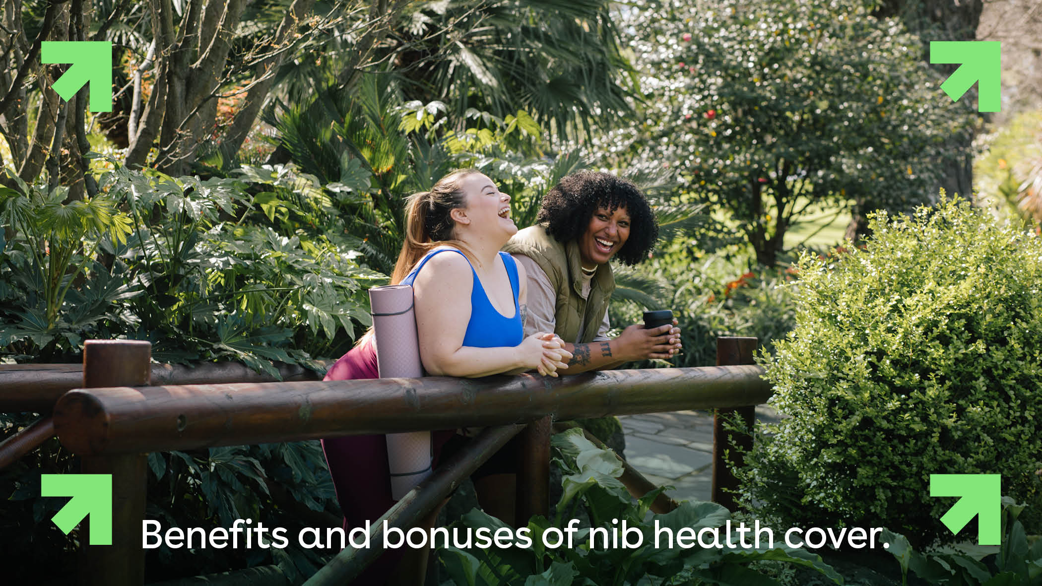 Two women in activewear leaning over the railing above a pond. Text read: benefits and bonuses of nib health cover.