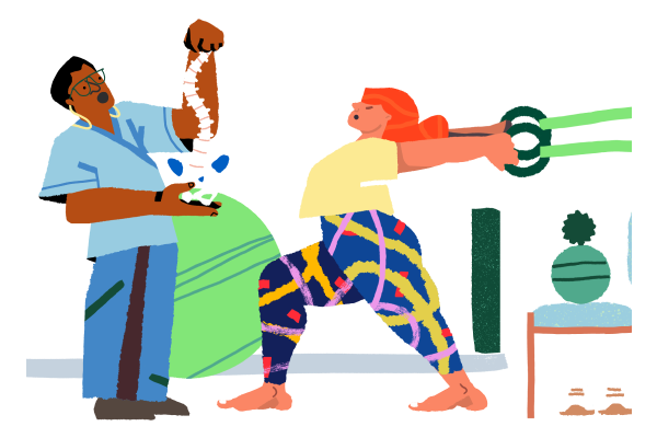 A physio holds a model of a spine, while a lady stretches using olympic rings