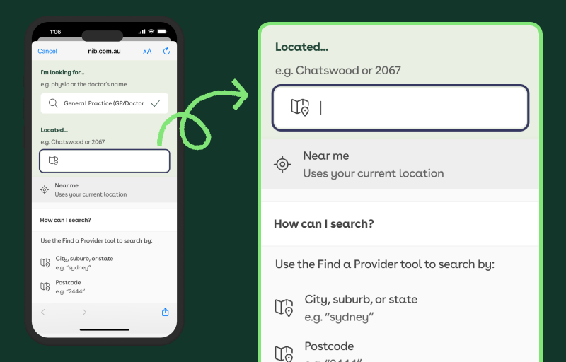 Screenshot of the "Located" field in the nib Find a provider on an iPhone
