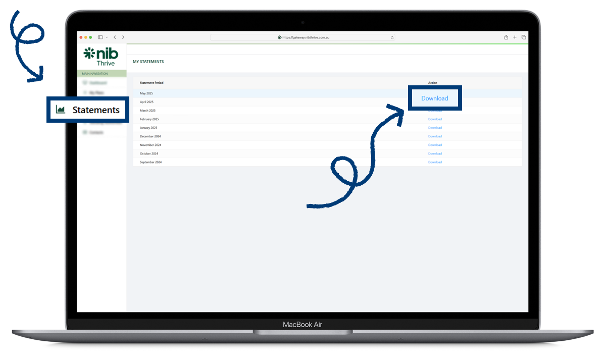 An image of a computer screen showing how to download a monthly statement and activity report in the nib Thrive Portal