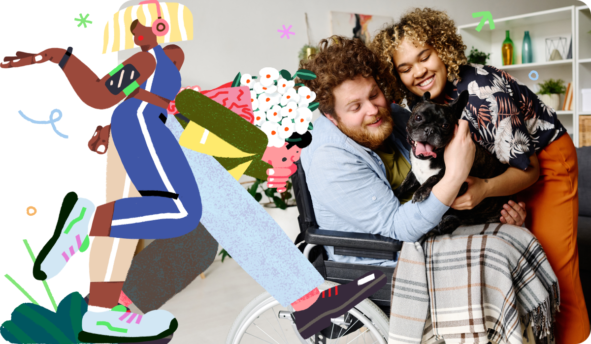 Illustration of a couple next to an image of a man in a wheelchair spending time with wife and dog at home