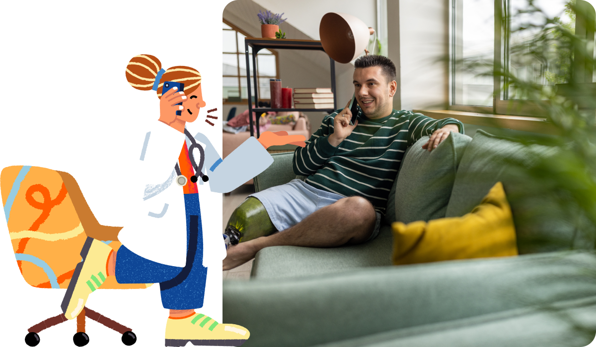 Illustration of a doctor next to a stock image of a man on the phone on a telehealth appointment