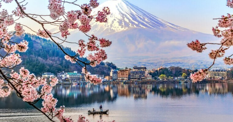 A cherry blossom in front of a mountain in Japan