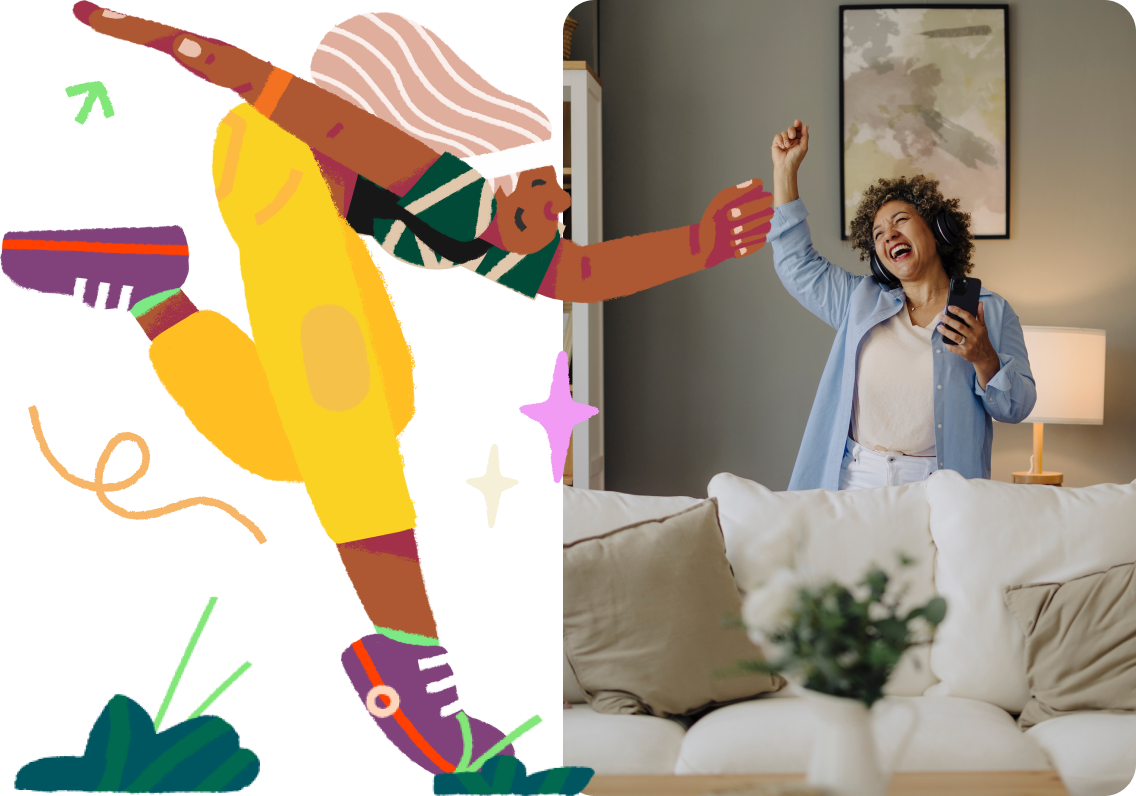 Illustration of a person running in activewear on the right hand side. Left hand side: Photograph of a person wearing headphones dancing in a loungeroom.