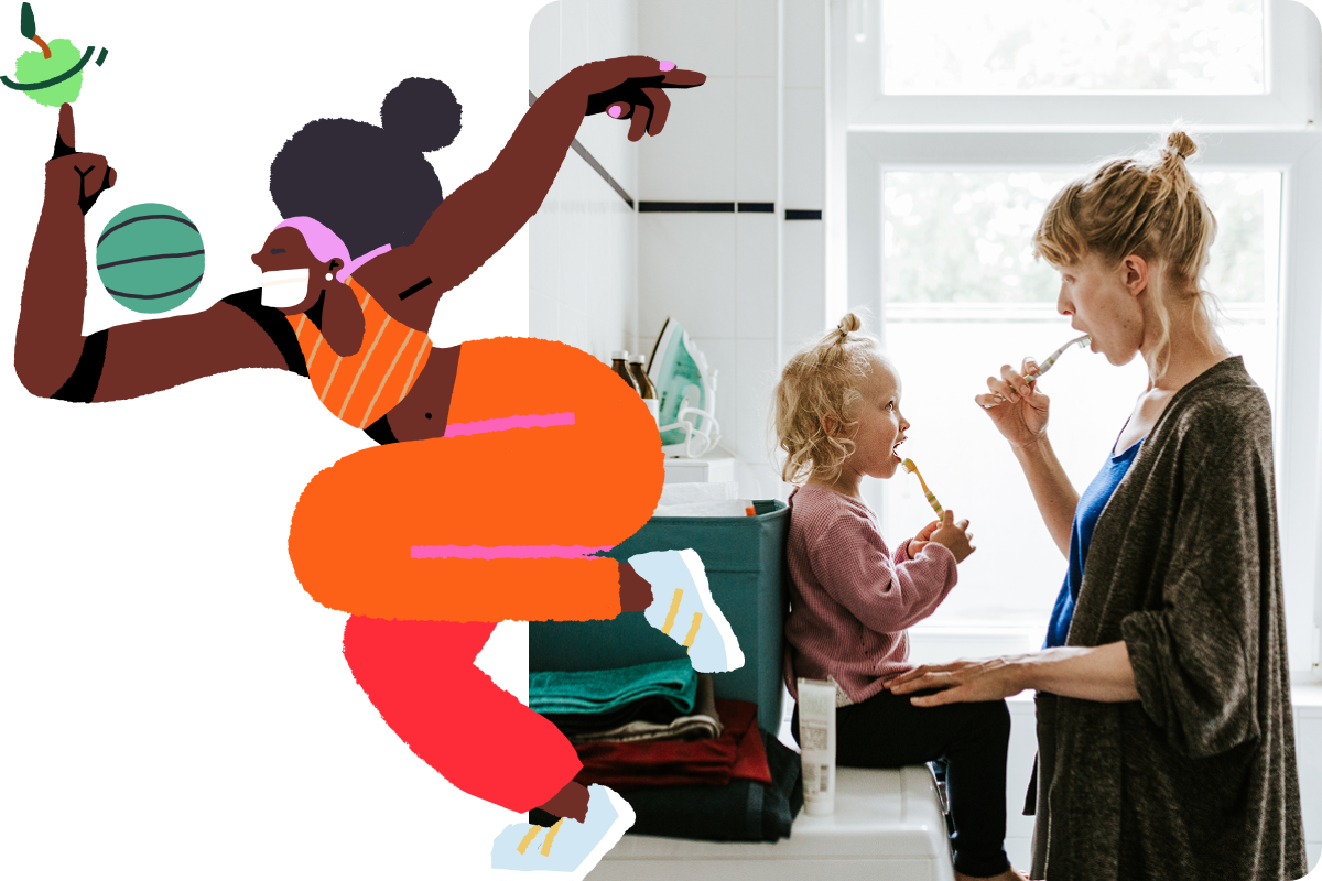 Illustration of a woman in activewear smiling with white teeth and balancing an apple on her finger overlaid on top of a stock image of a mother and daughter brushing their teeth in the bathroom 