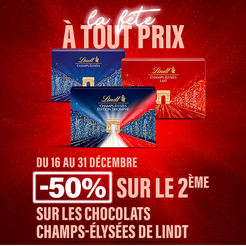 La fête à tous prix - Du 16 au 31 décembre -50% sur le 2eme sur les chocolats Champs-élysées de Lindt - Découvrir