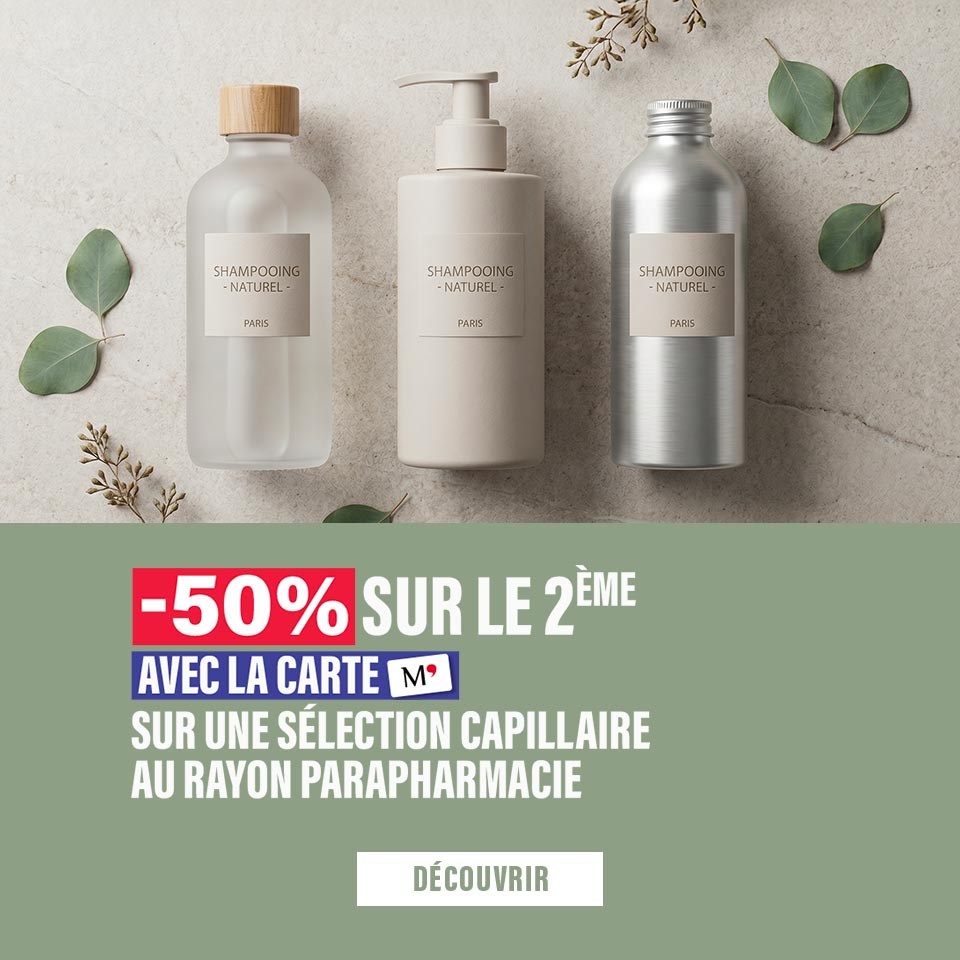 Promo Hygiène du corps, 2ème -50%  avec la carte M' sur une sélection de produits douche, déodorant, buccodentaire et hygiène féminine. ​