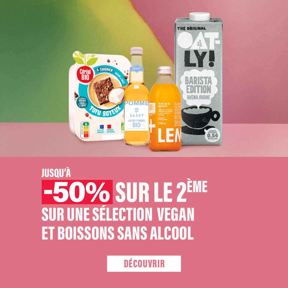 Séléction de produits vegans et de boissons sans alcool, jusqu'à -50% sur le 2ème