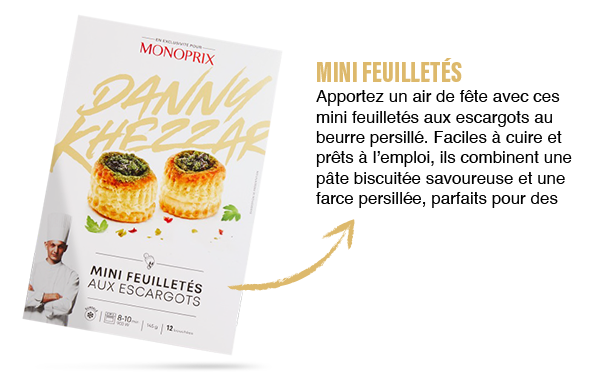 MINI FEUILLETÉS - Apportez un air de fête avec ces mini feuilletés aux escargots au beurre persillé. Faciles à cuire et prêts à l'emploi, ils combinent une pâte biscuitée savoureuse et une farce persillée, parfaits pour des moments conviviaux entre amis.
