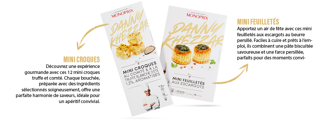 MINI CROQUES - Découvrez une expérience gourmande avec ces 12 mini croques truffe et comté. Chaque bouchée, préparée avec des ingrédients sélectionnés soigneusement, offre une parfaite harmonie de saveurs, idéale pour un apéritif convivial. - MINI FEUILLETÉS - Apportez un air de fête avec ces mini feuilletés aux escargots au beurre persillé. Faciles à cuire et prêts à l'emploi, ils combinent une pâte biscuitée savoureuse et une farce persillée, parfaits pour des moments conviviaux entre amis.