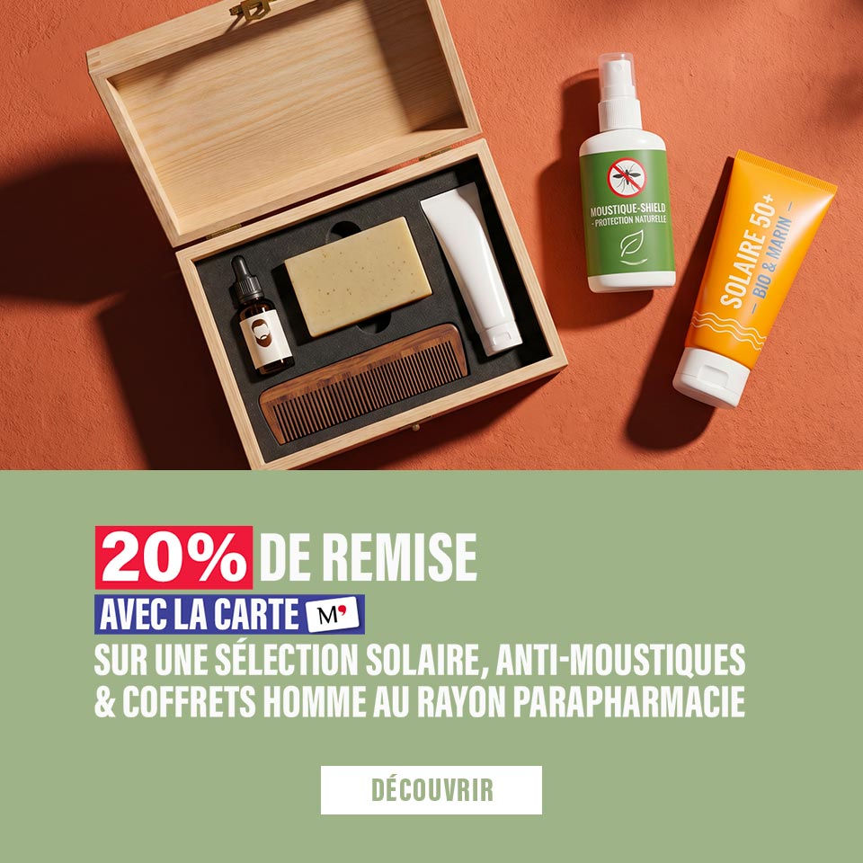 20% avec la carte sur une sélection solaire, antimoustiques et coffrets Homme au sein du rayon parapharmacie