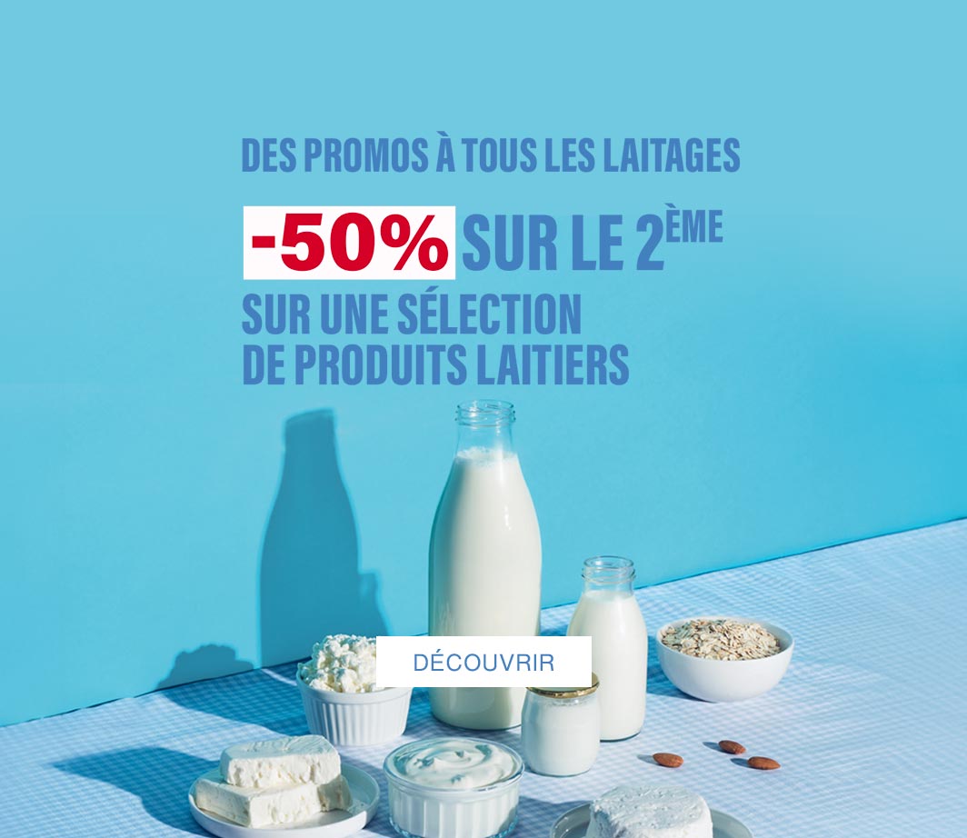 Promo  produits laitiers, 50% sur le 2ème sur une sélection