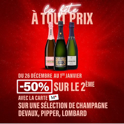 La fête à tous prix - Du 26 décembre au 1er janvier -50% sur le 2eme avec la carte M sur une sélection de champagne Devaux, Pipper, Lombard - Découvrir