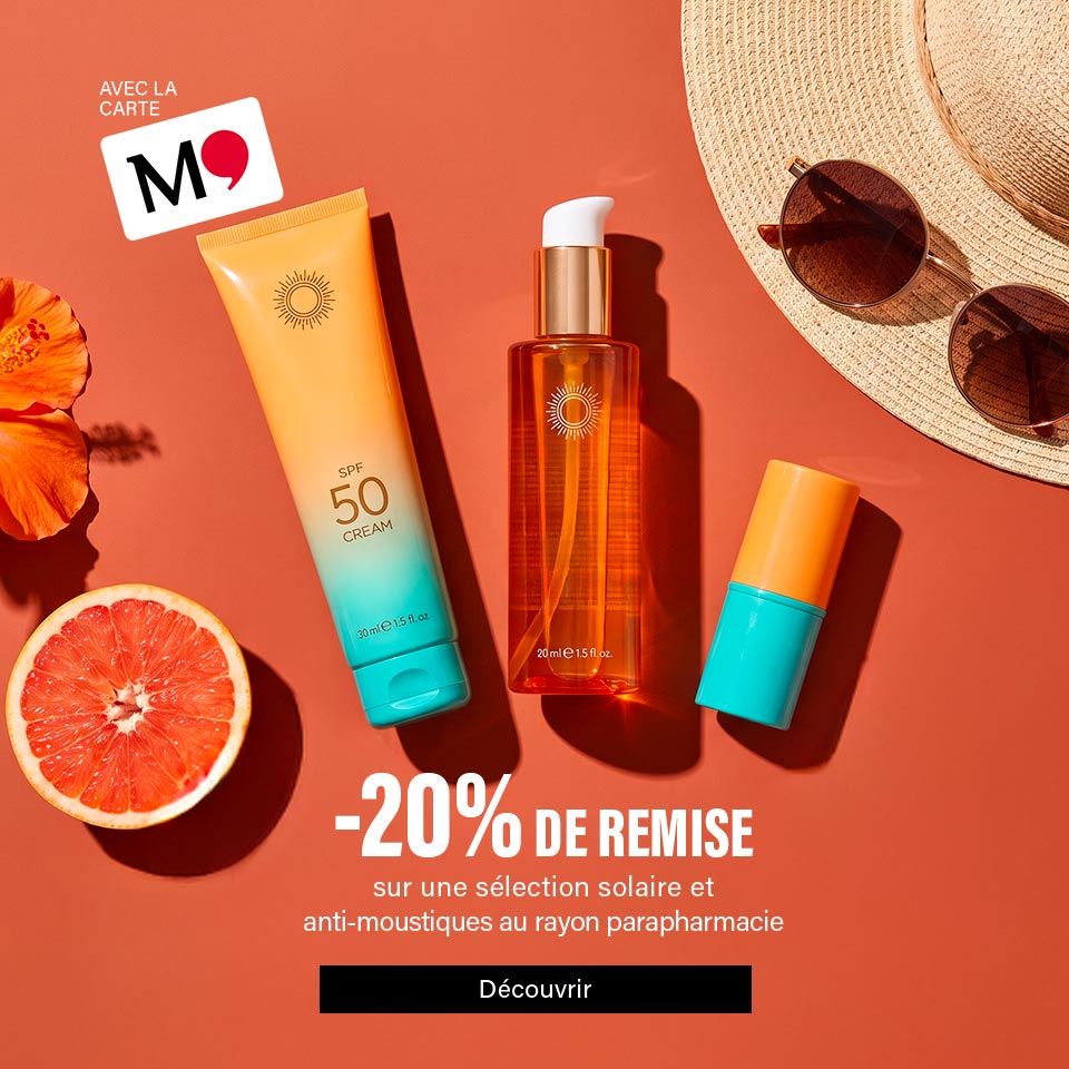 20% avec la carte sur une sélection solaire, antimoustiques et coffrets Homme au sein du rayon parapharmacie
