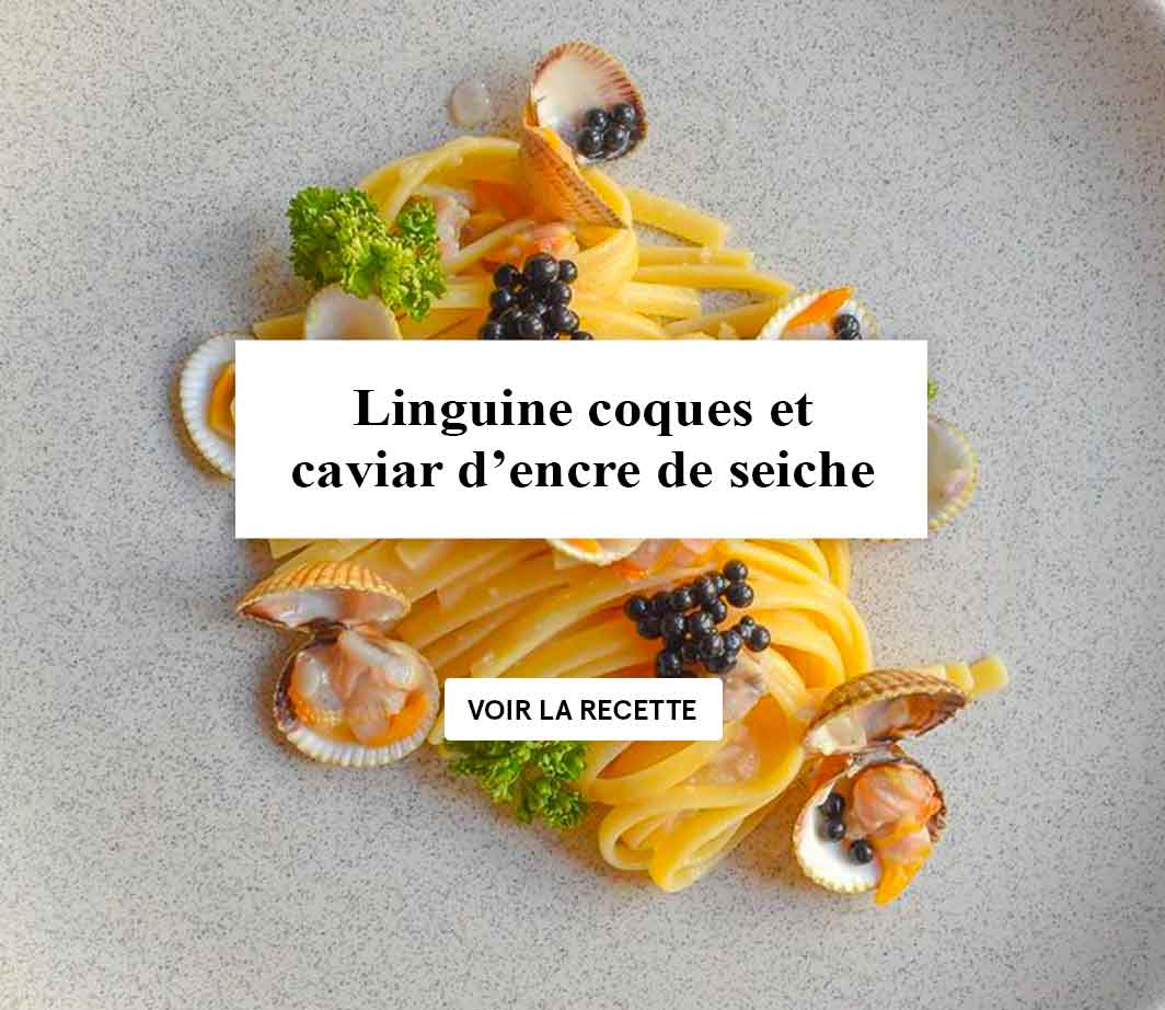 Linguine coques, citron vert et caviar d'encre de seiche