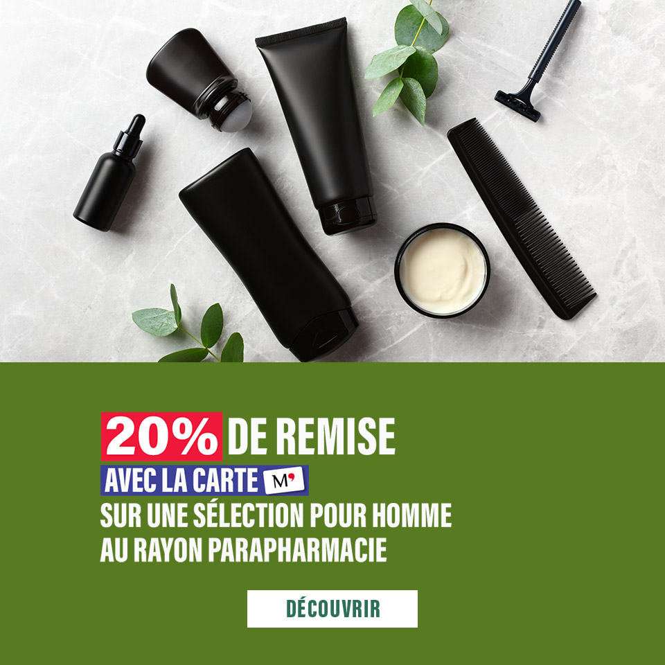 20% avec la carte sur une sélection pour Homme au sein du rayon parapharmacie