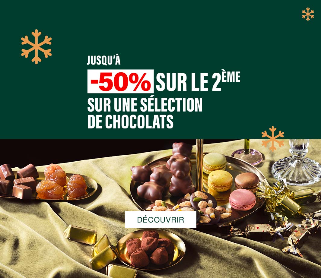 Promo chocolat de noël: jusqu'à 50% sur le 2ème sur une sélection chocolats