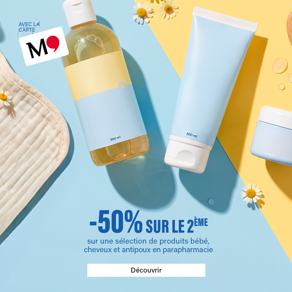 2ème -50% avec la carte M sur une sélection de produits pour bébé, cheveux et antipoux au sein du rayon parapharmacie 