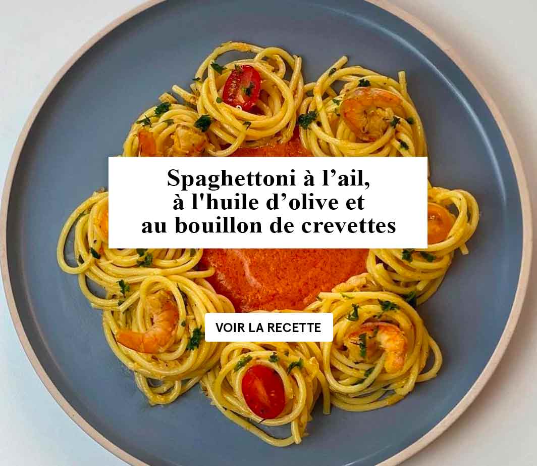 Spaghettoni parfumées à l’ail, à l’huile d’olive et au bouillon de crevettes