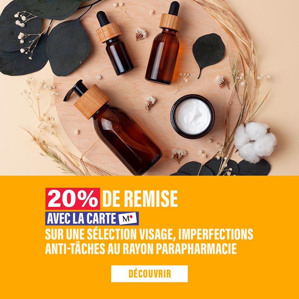 Promo Hygiène du corps, 2ème -50%  avec la carte M' sur une sélection de produits douche, déodorant, buccodentaire et hygiène féminine. ​
