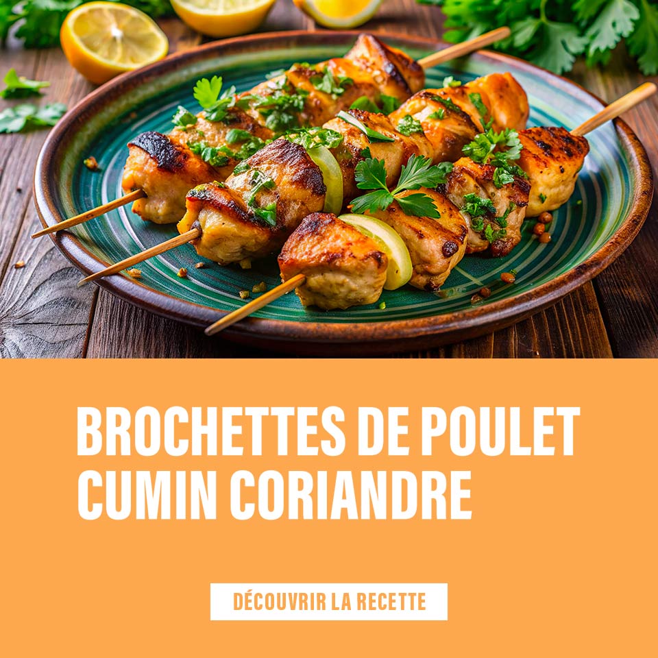 Brochettes de poulet cumin-coriandre