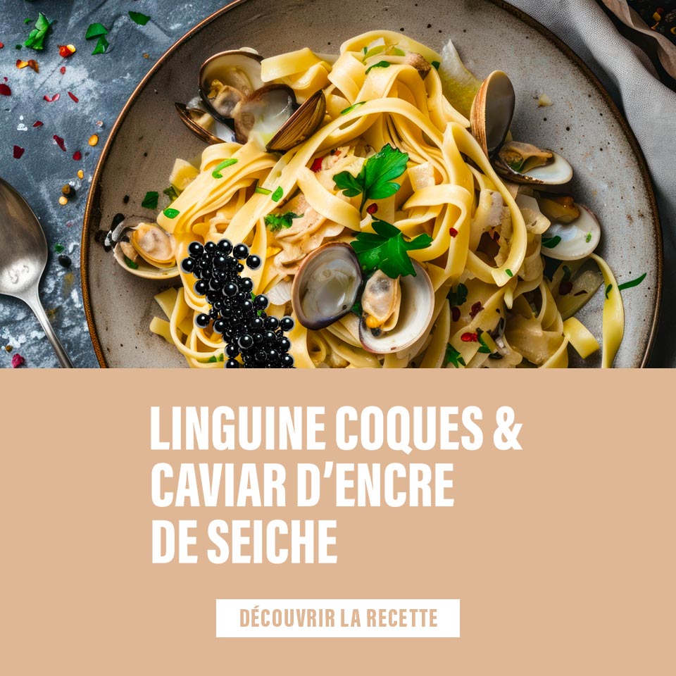 Encart recette Linguine coques citron caviar d'encre de seiche 