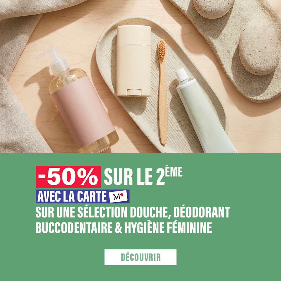 Promo Hygiène du corps, 2ème -50%  avec la carte M' sur une sélection de produits douche, déodorant, buccodentaire et hygiène féminine. ​