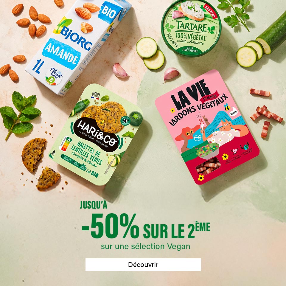 promo vegan, jusqu'a -50% sur le 2ème