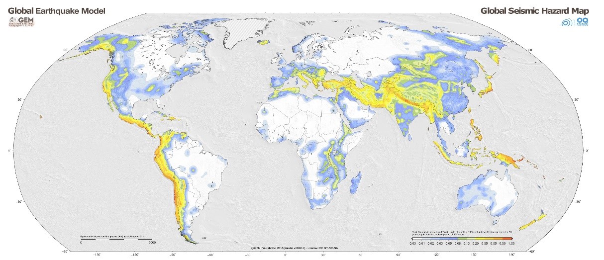 Map showing the earthquake risk worldwide.