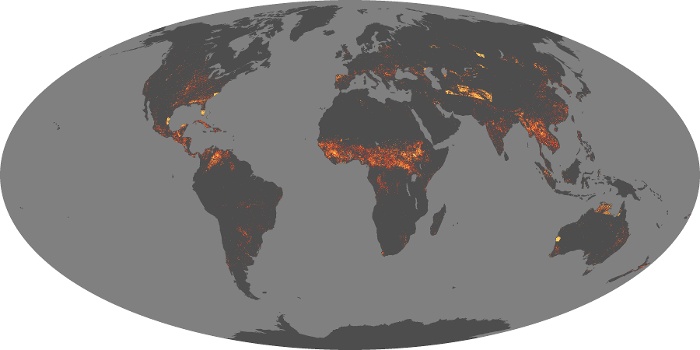 Wold map with wildfires in May 2021. 