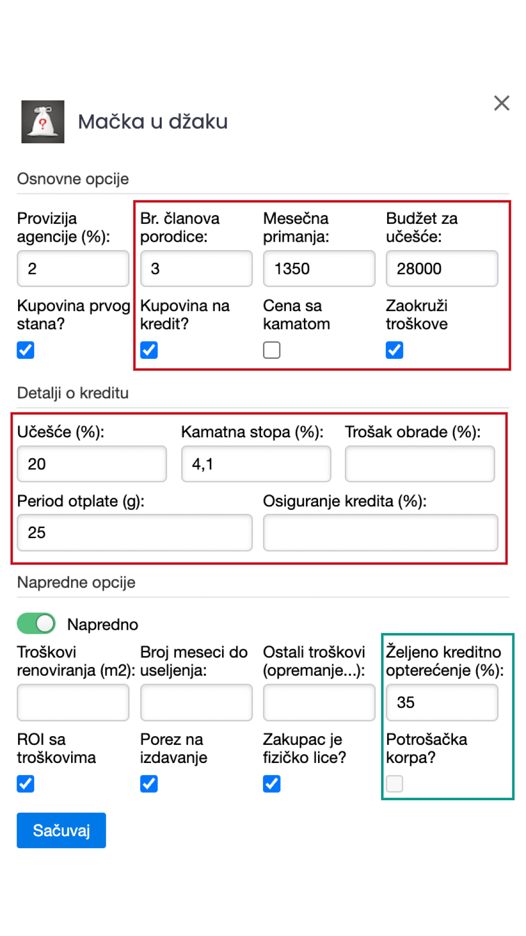 Obavezna i opciona podešavanja za računanje kreditne sposobnosti i mogućnosti kupovine određenog stana