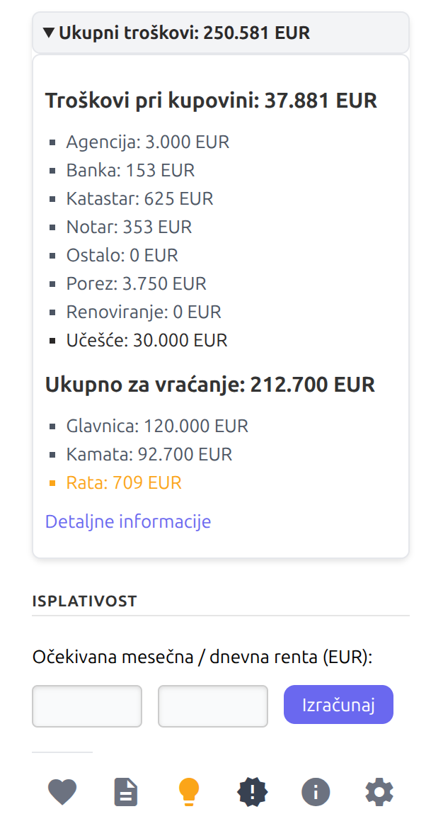 Ekstenzija - prikaz detaljnih troškova i link ka vodiču troškova