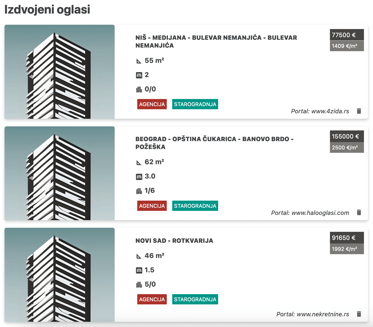 Snimak ekrana sa portala mackaudzaku.com koji prikazuje mogućnost dodavanja omiljenih oglasa sa različitih portala. 