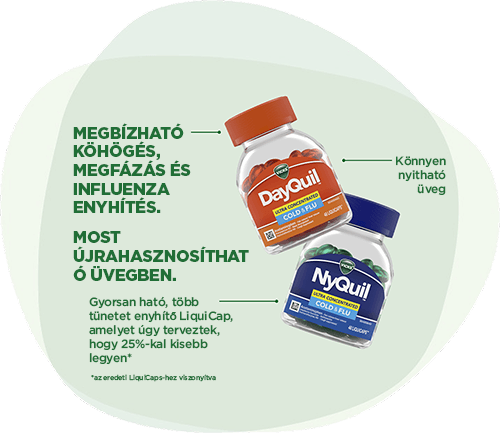 DayQuil & NyQuil: Megbízható köhögés, megfázás és influenza enyhítés. Most újrahasznosítható üvegben. Gyorsan ható, több tünetet enyhítő LiquiCap, amelyet úgy terveztek, hogy 25%-kal kisebb legyen* (*az eredeti LiquiCaps-hez viszonyítva).
