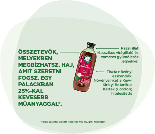 Herbal Essences: Összetevők, amelyekben megbízhatsz. Haj, amit imádni fogsz. 25%-kal kevesebb műanyaggal készült flakonban*. Tiszta növényi esszenciák: Növényeinket a Kew Királyi Botanikus Kert  (London) hitelesítette.