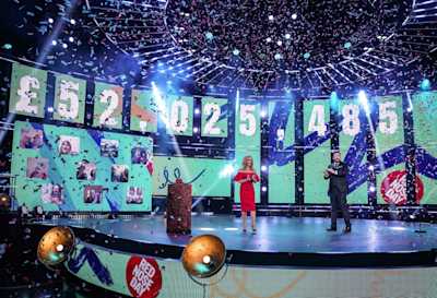 Picture shows final fundraising total of £52,025,485 with Amanda Holden and Jason Manford in the foreground