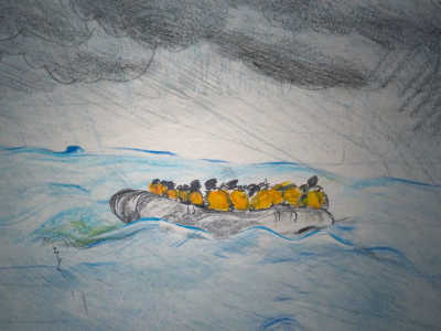 Drawing of people on boat