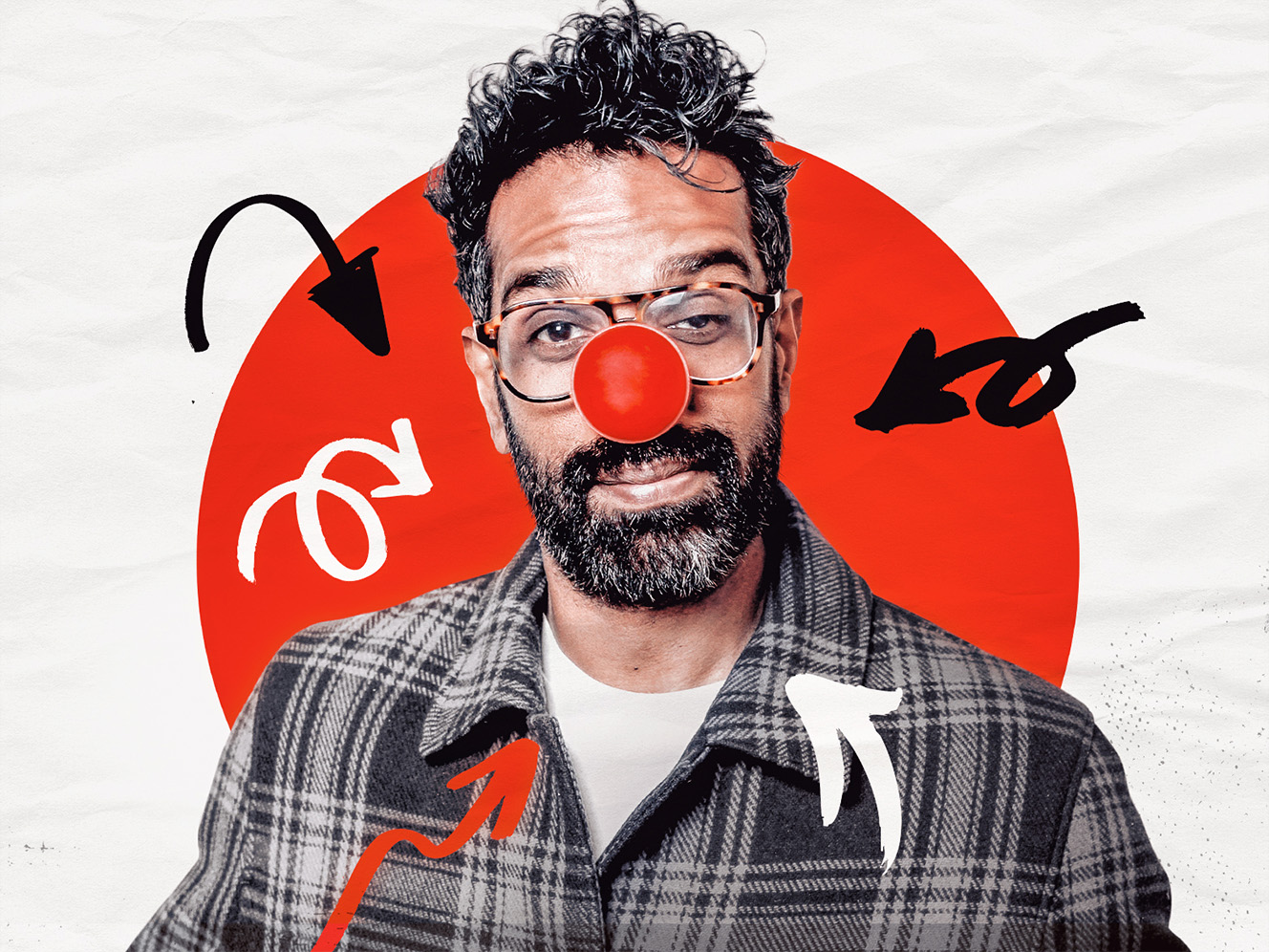 Romesh Ranganathan wears a red nose, glasses and a plaid coat, posing against a white textured background with a red circle and playful black and white doodles.
